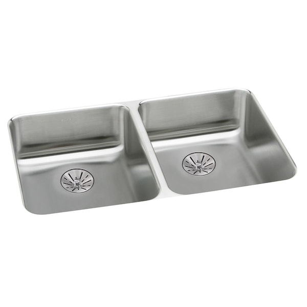 Elkay Lustertone Stainless Steel 31-3/4X16-1/2X5-3/8 Equal Double Bowl Undermount Sink W/ Perfect Drain ELUHAD321655PD - main